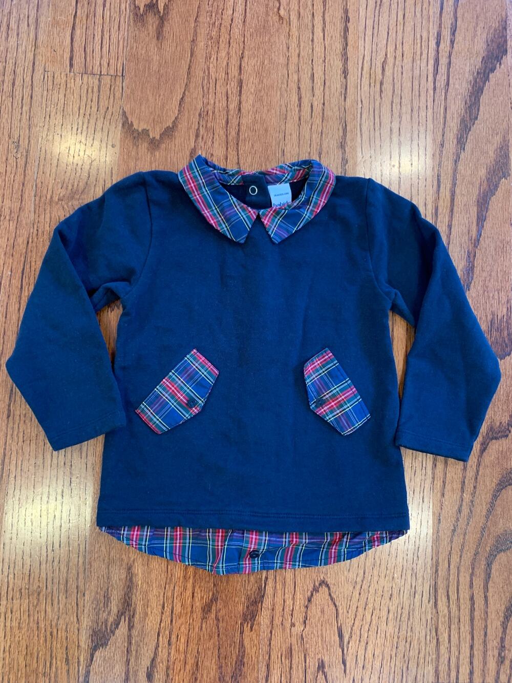Babidu Navy Plaid Winter Holiday Christmas  Long Sleeve Top | Navy | 36 months